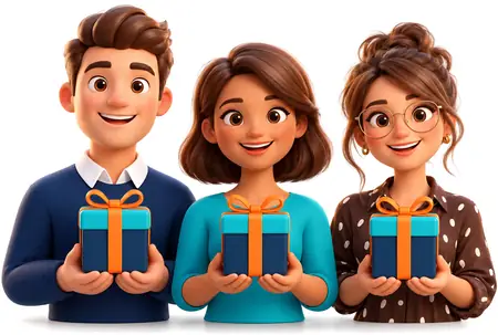 שלושה עובדים מחייכים מחזיקים מארזי מתנה ממותגים: מתנות לעובדים וללקוחות מהסוד מתנות