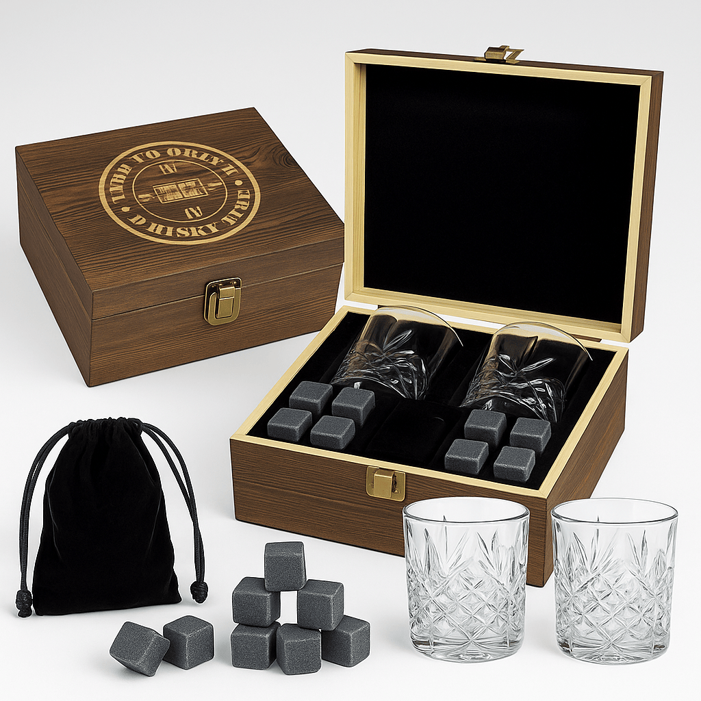 מארז כפול / מארז בלבד סט כוסות וויסקי ואבני קרח במארז עץ