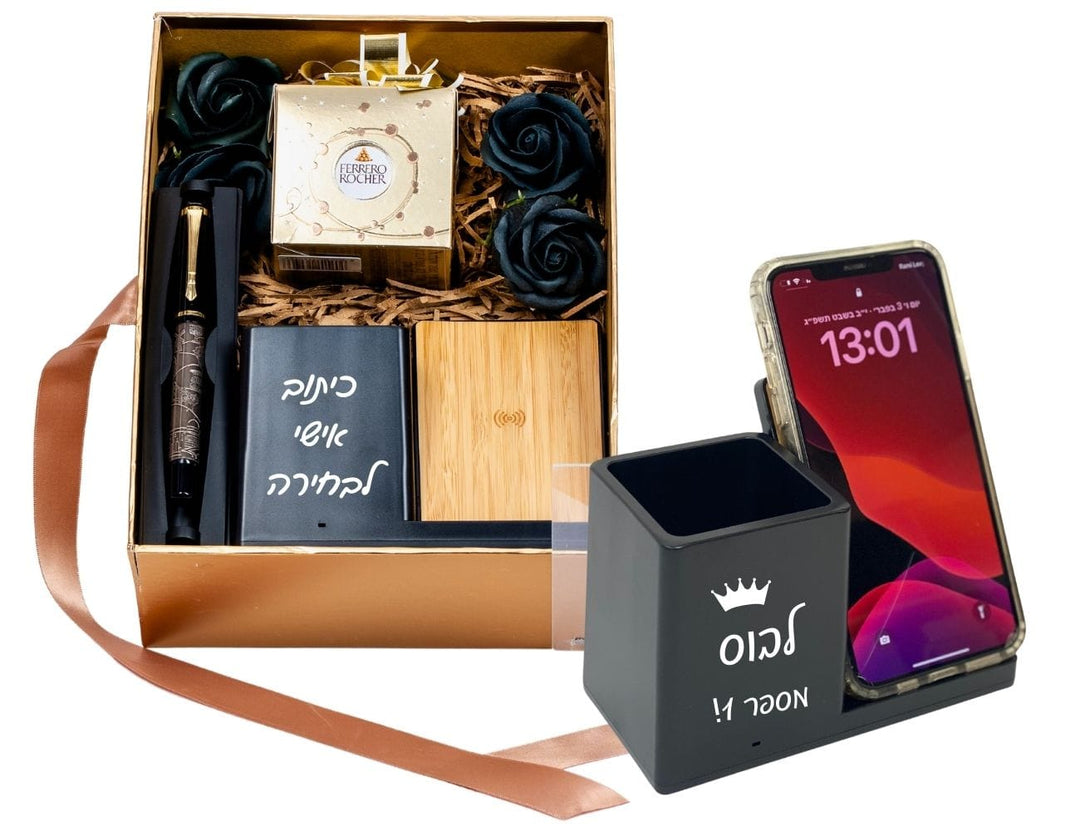 לבן חלק / מארז מושלם ומפנק למשרד מעמד עטים כולל מטען BAMBOO