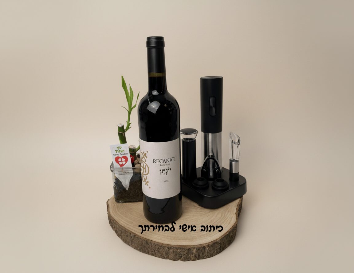 מתנה מושלמת למשרד: בקבוק יין, פותחן חשמלי ואביזרי יין על גזע עץ
