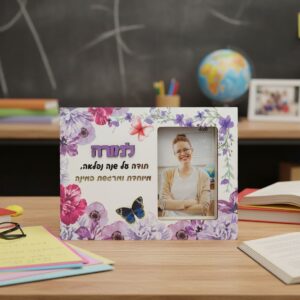 בלוק תמונה למורה עם תמונה ופרחים, מתנה אישית ומרגשת