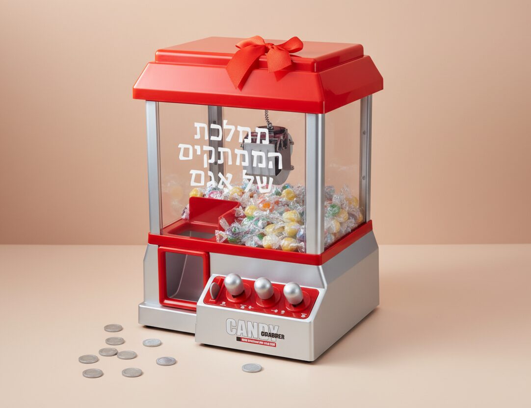 מכונת ממתקים אדומה עם סרט מתנה, מלאה בממתקים עטופים, על רקע בהיר