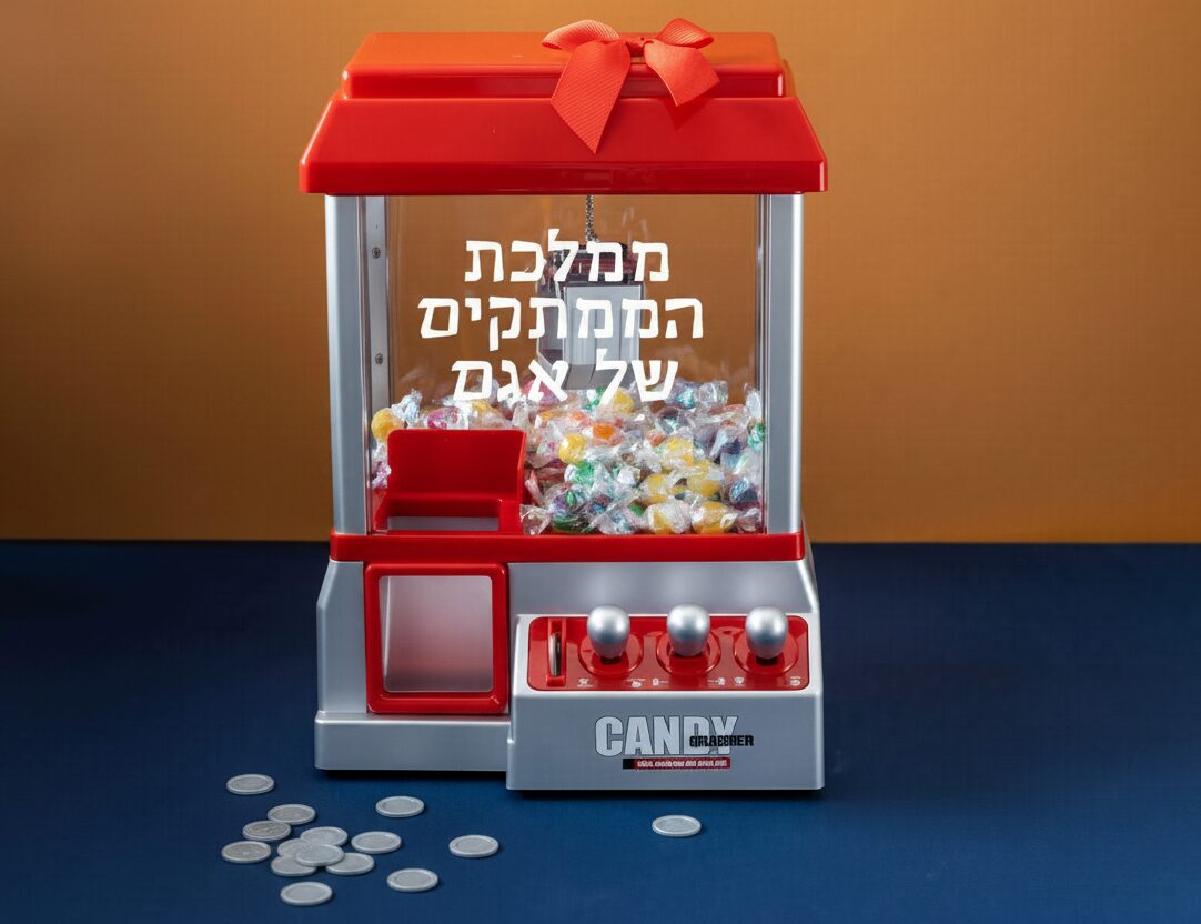 מכונת ממתקים אדומה מלאה בממתקים צבעוניים, עם סרט אדום למעלה