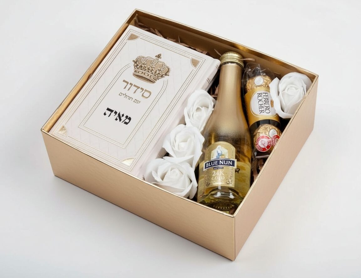 סידור יוקרתי דמוי עור עם תהילים, יין, שוקולד ופרחי משי בזהב