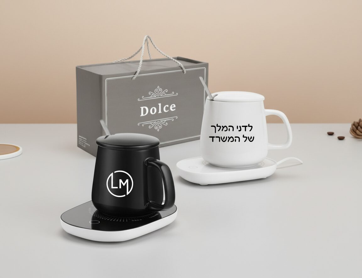 מארז כוס ופלטת חימום שחורה ולבנה עם כיתוב, קופסת מתנה ברקע