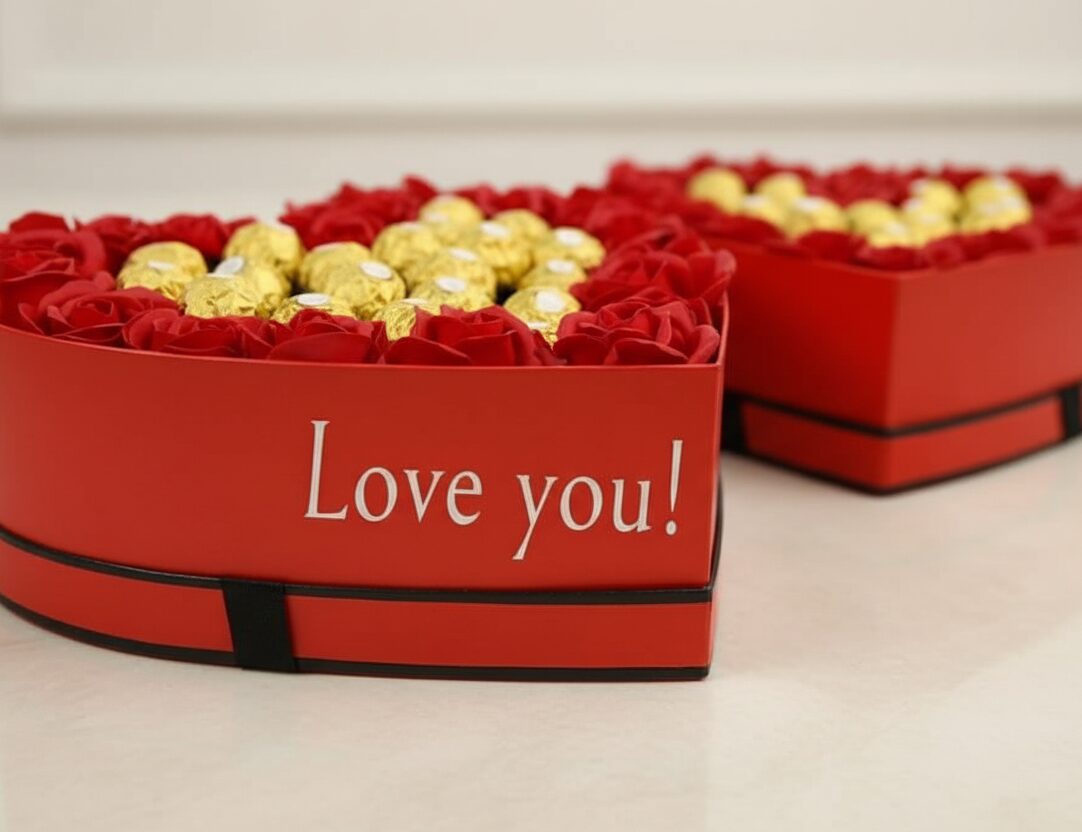 לב וורדים אדומים גדול עם פררו זהב וכתובת "Love you