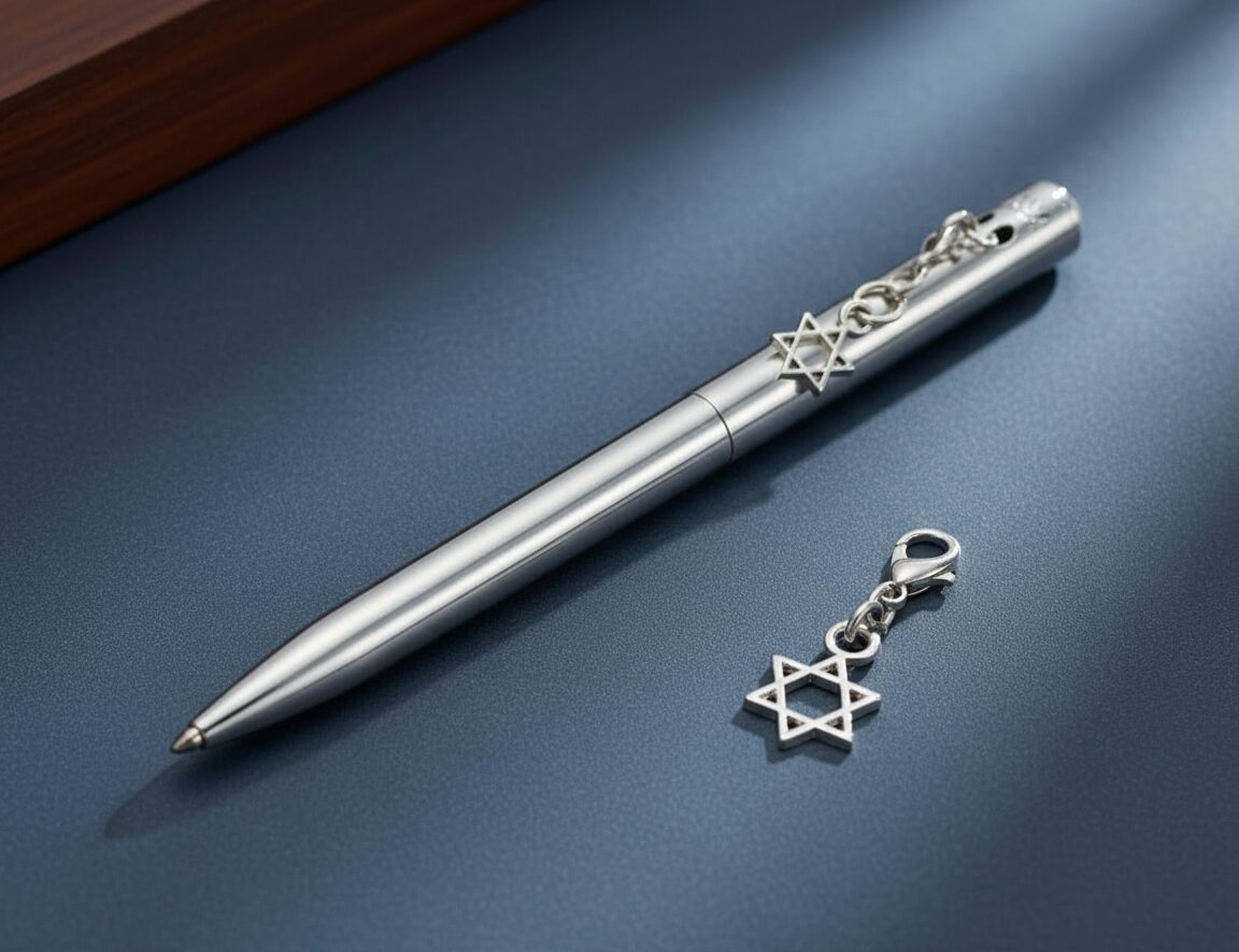 עט כסף עם תליון מגן דוד, על רקע כחול כהה