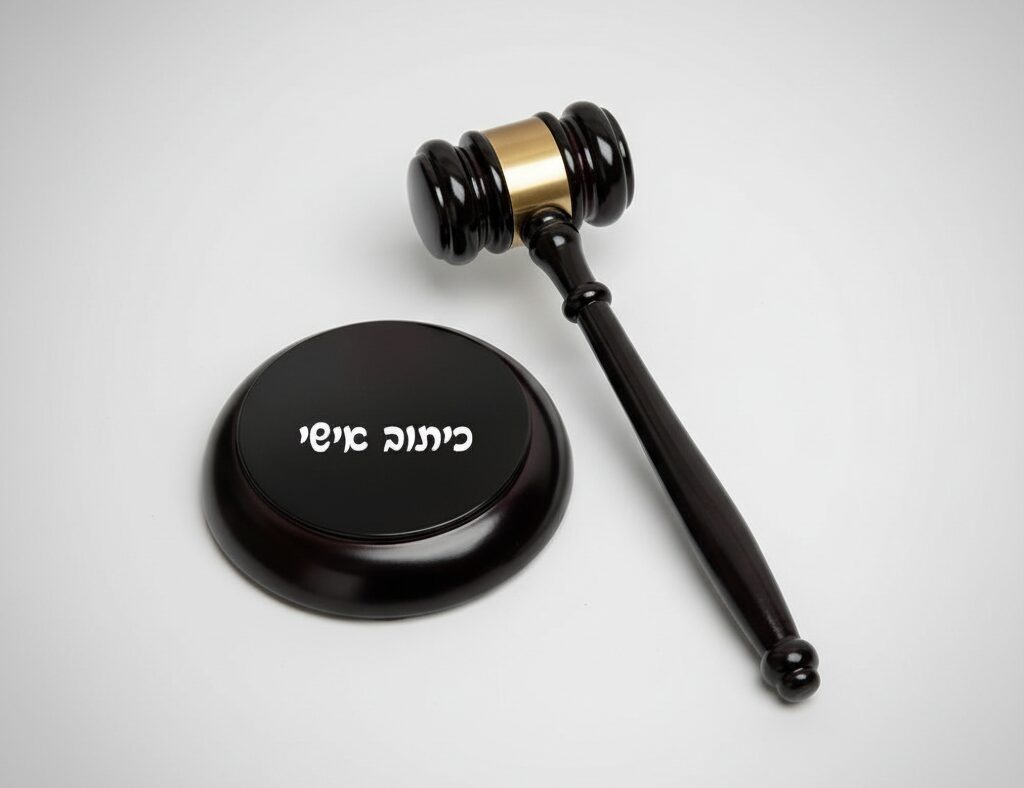 פטיש עורך דין שחור עם כיתוב "כיתוב אישי" על בסיס עץ