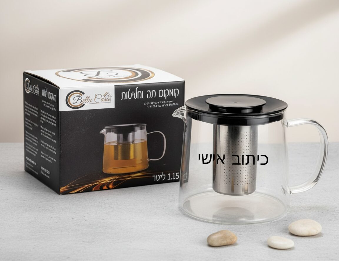 קנקן זוגי לחליטת תה מזכוכית עם חותמת אישית וקופסת מתנה