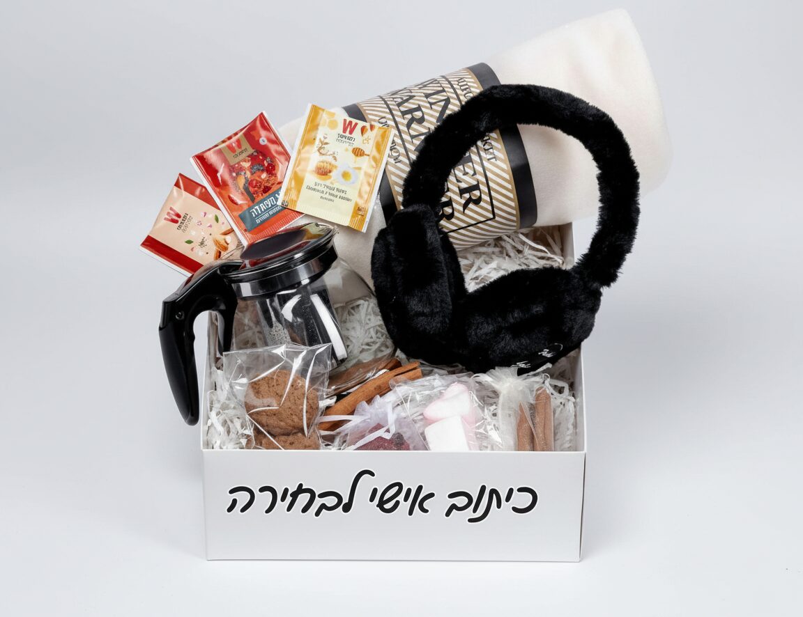 קנקן זוגי לחליטת תה, אוזניות פרווה, שמיכה ומתוקים במתנה