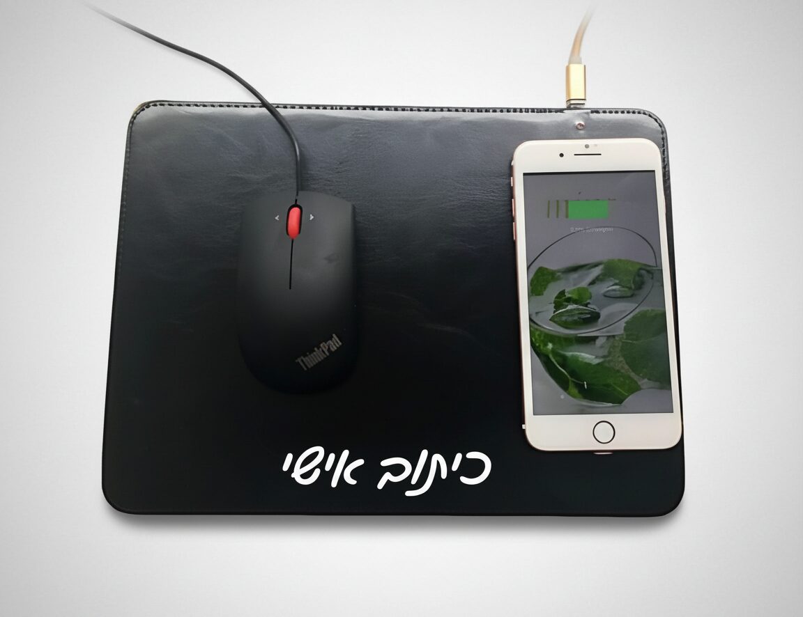 משטח עכבר שחור עם עכבר ThinkPad וטלפון נטען