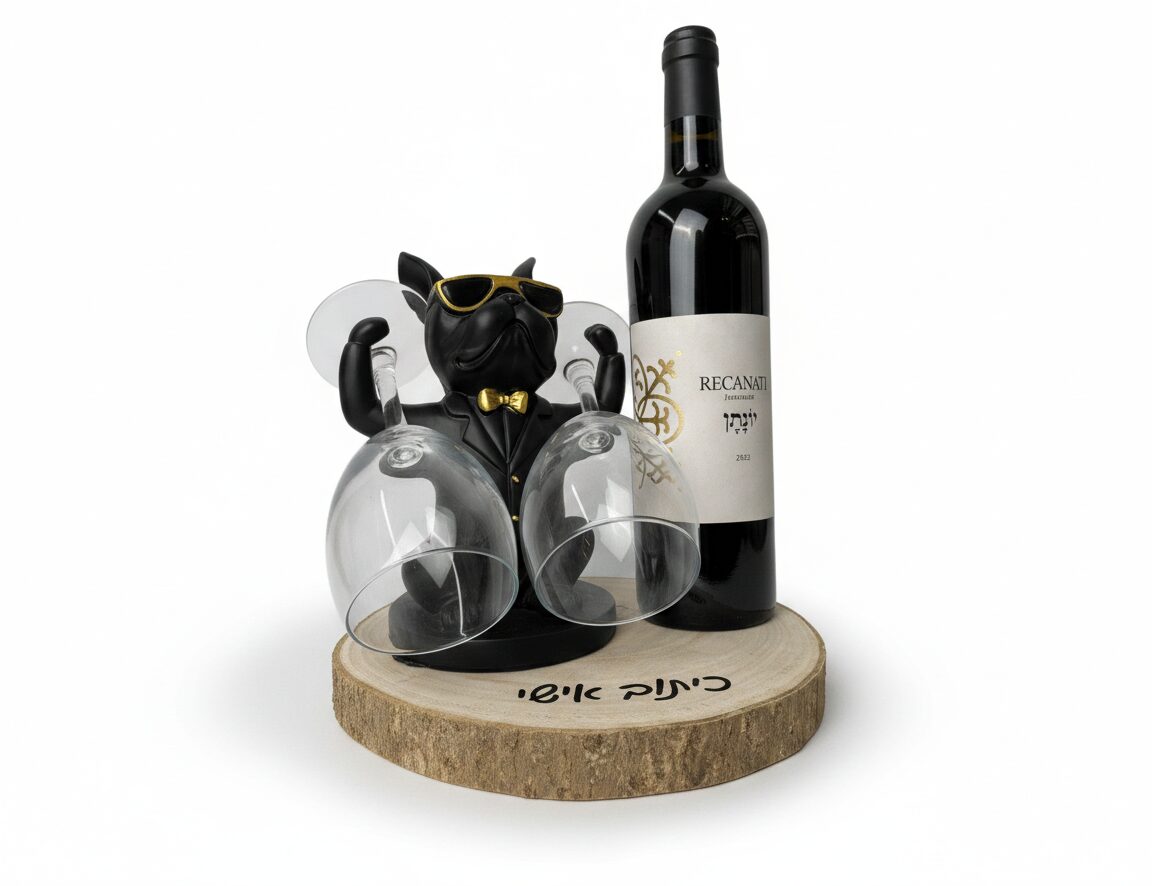 מארז בולדוג מחזיק כוסות יין ובקבוק יין על בסיס עץ טבעי