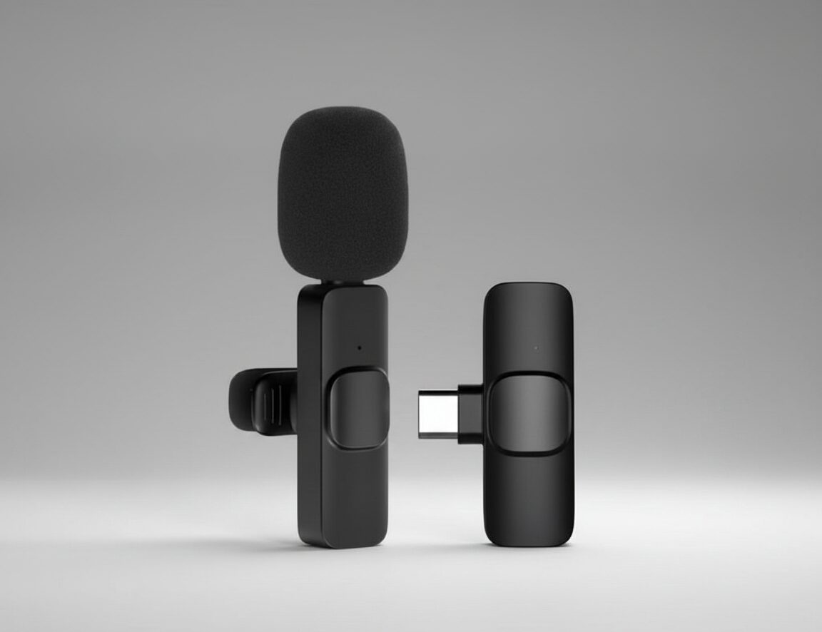 מיקרופון אלחוטי שחור לטלפון עם מתאם USB-C על רקע אפור