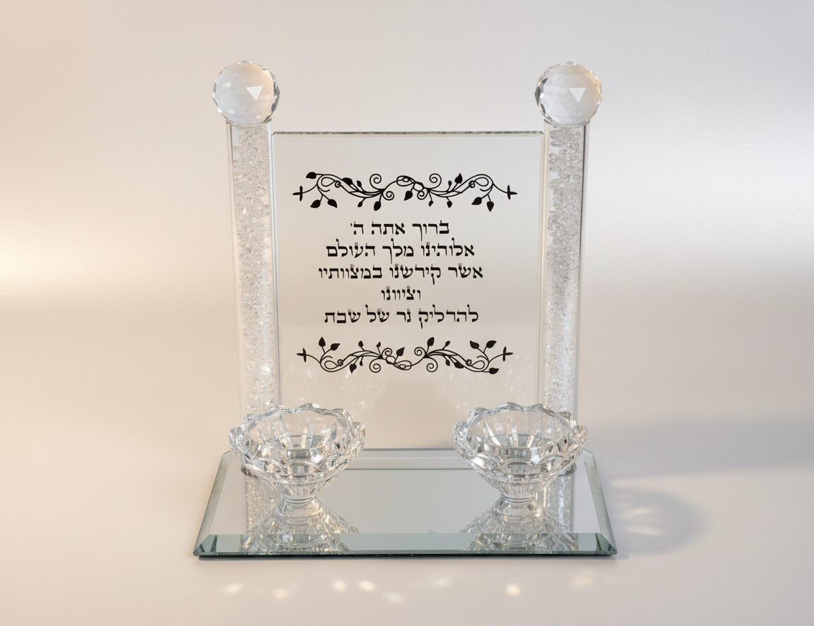 פמוטי קריסטל לשבת עם ברכת נרות על רקע לבן