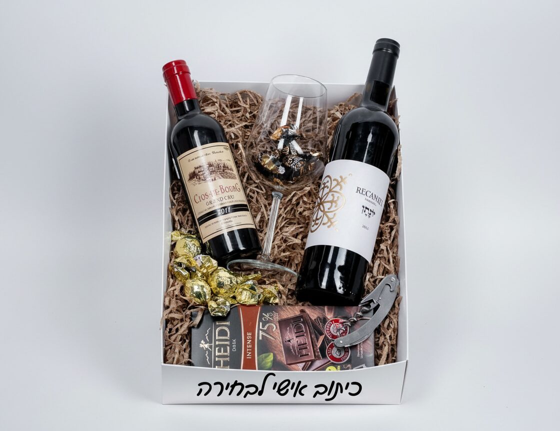מארז יין יוקרתי עם שתי בקבוקי יין, שוקולד וגביעי יין