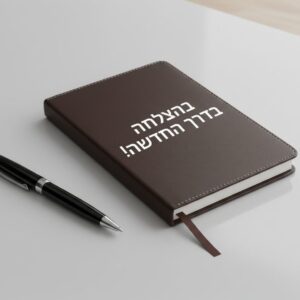 מחברת דמוי עור חומה ממותגת עם עט שחור על שולחן אפור