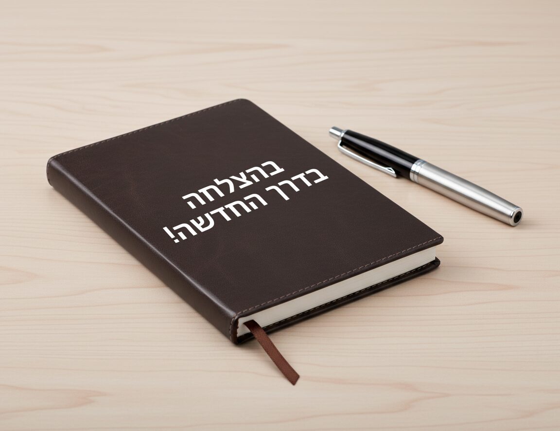 מחברת דמוי עור חומה ממותגת עם כיתוב "בהצלחה בדרך החדשה" ועט כסף