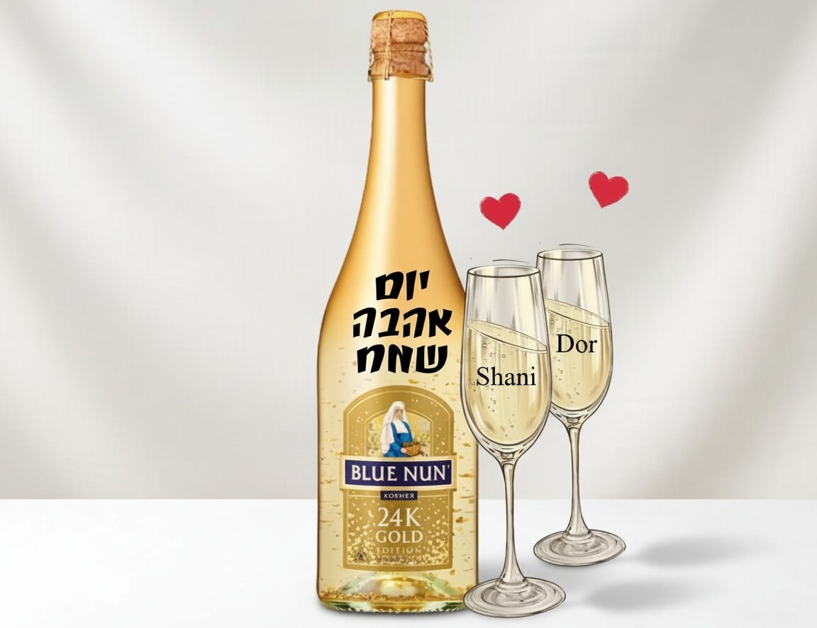 שמפנייה בלו נאן מוזהבת עם כוסות שמפניה אישיות וברכת יום הולדת שמח