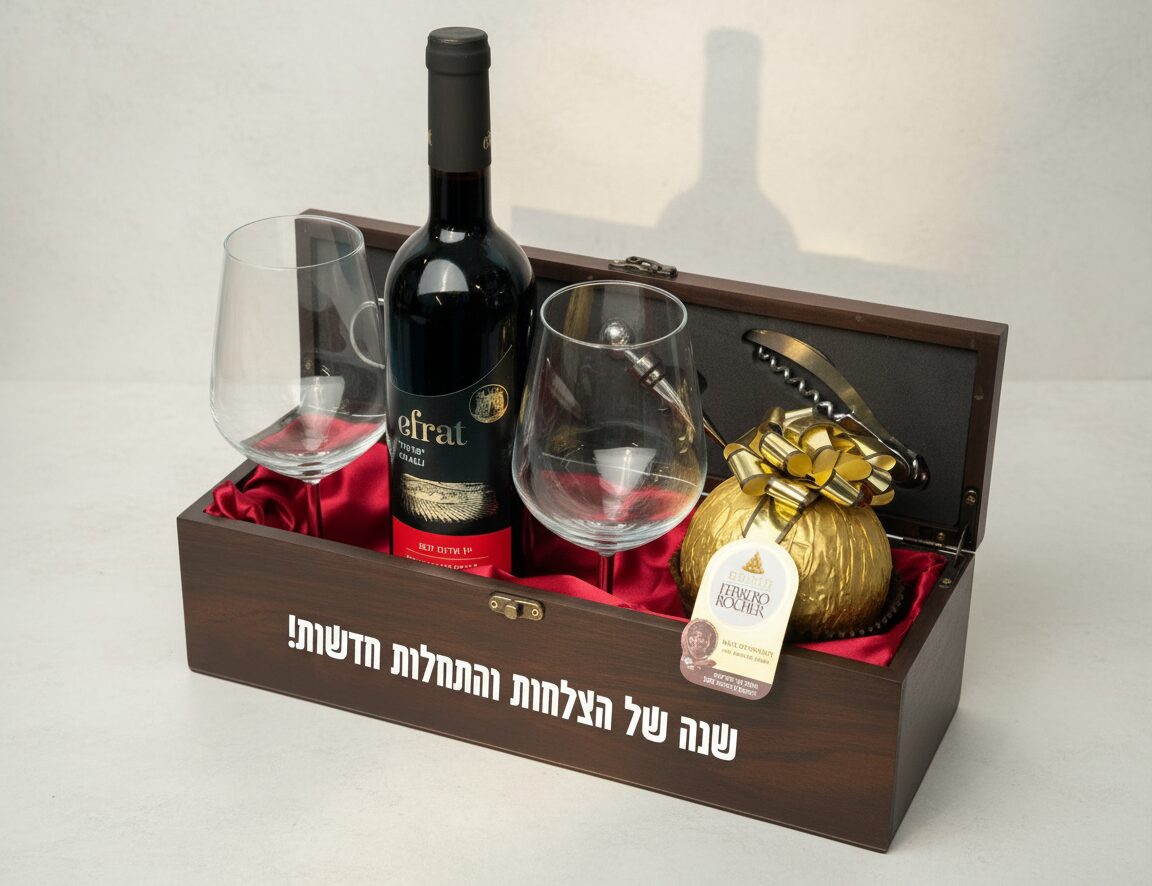 קופסת יין מעץ עם בקבוק, כוסות, שוקולד פררו רושה ופקק