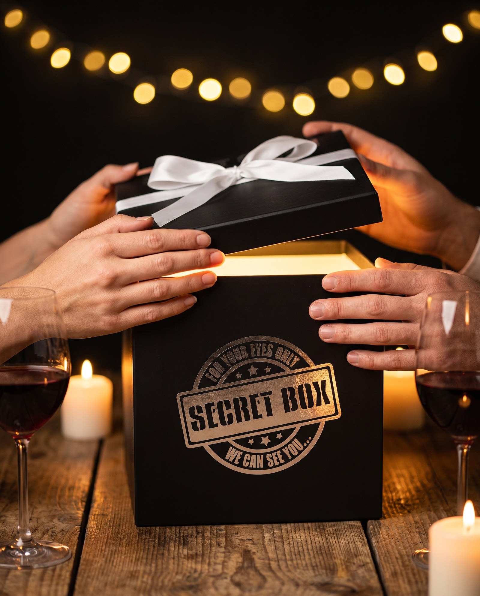 ידיים של זוג פותחות את קופסת SECRET BOX בערב רומנטי