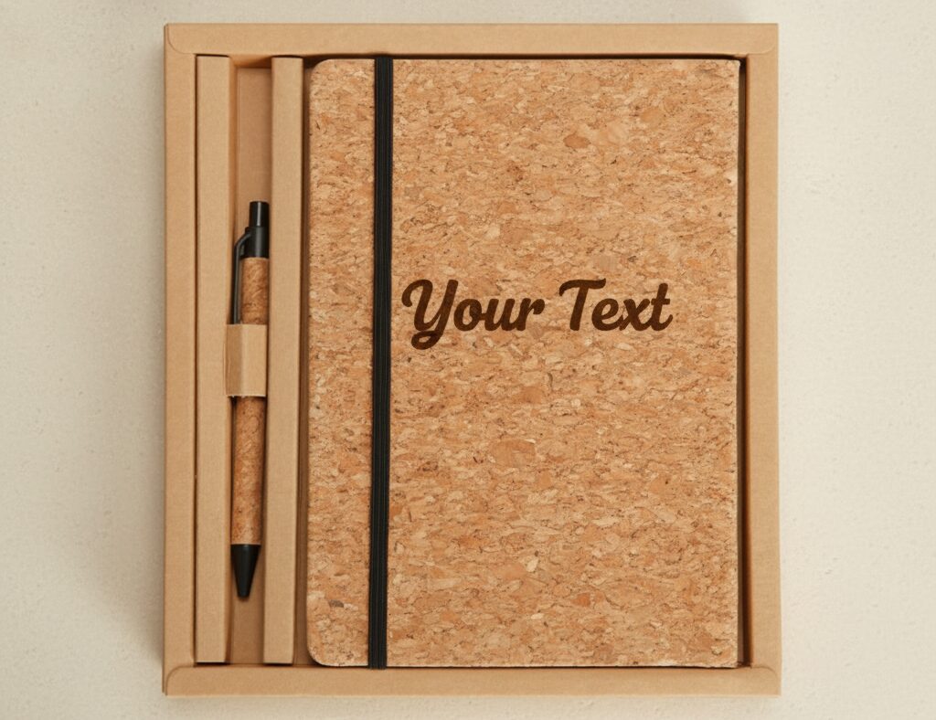 מארז קולג מחברת ועט מעוצבים מקורק, עם כיתוב "Your Text