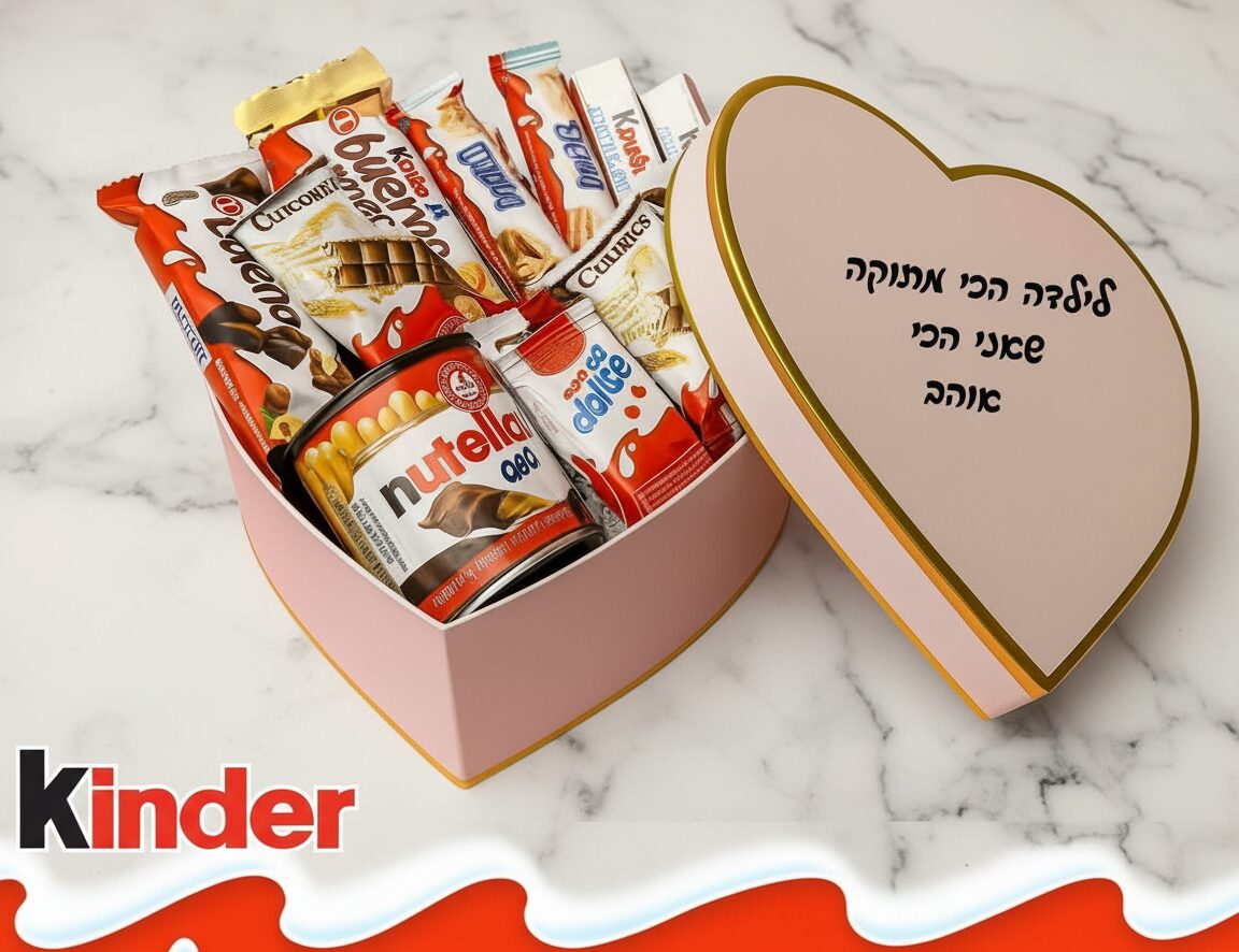 קופסת מתנה גדולה בצורת לב ורודה מלאה בשוקולדים של קינדר ונוטלה
