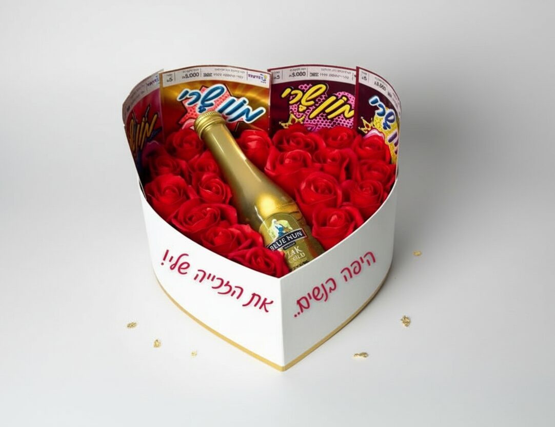 מארז לב אדום עם ורדים, בקבוק יין וכרטיסי גירוד מתנה רומנטית
