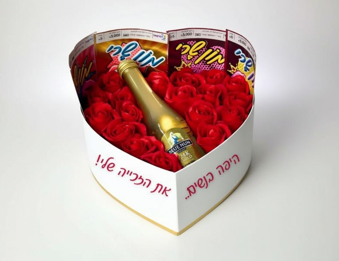 מארז לב אדום עם ורדים, בקבוק יין וכרטיסי גירוד