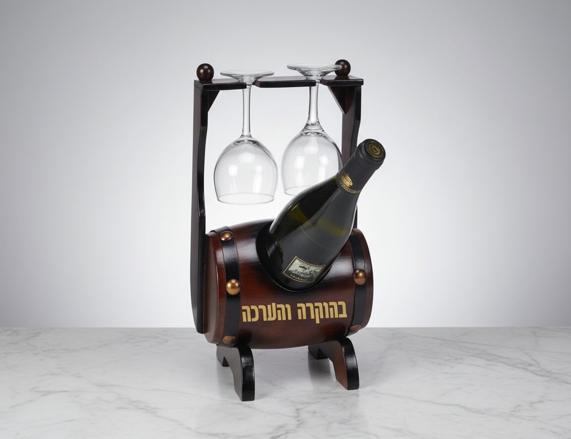 מעמד יין מעץ בצורת חבית עם בקבוק וכוסות יין תלויות