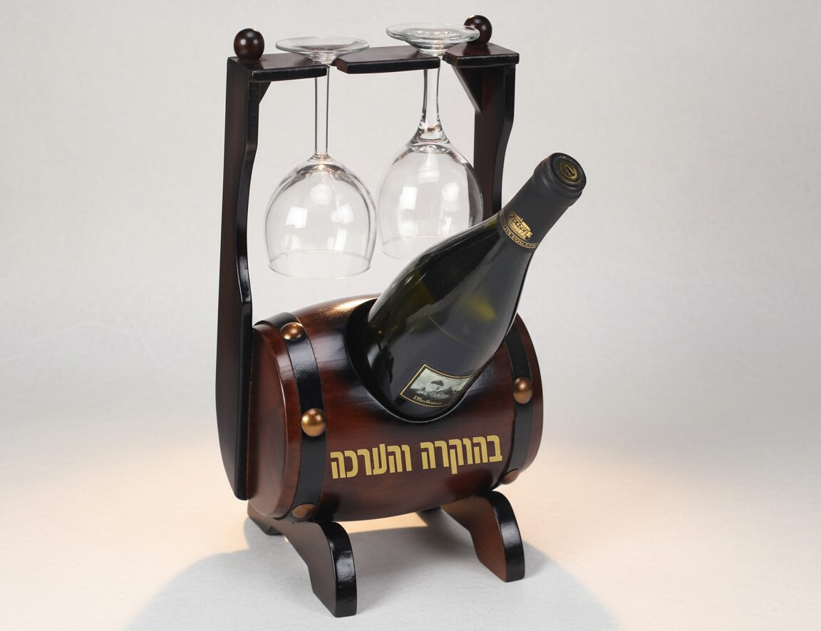 בר יין מעץ בצורת חבית מחזיק בקבוק יין וכוסות יין