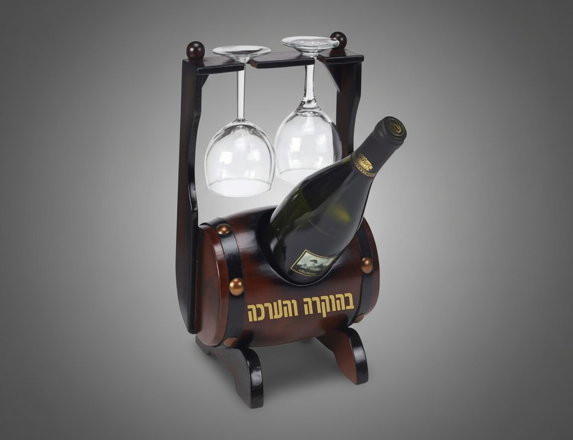 מעמד יין מעץ בצורת חבית עם בקבוק וכוסות יין תלויות