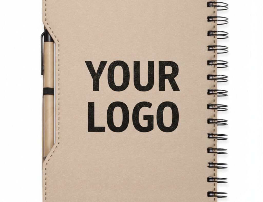 מחברת ספירלה ממוחזרת חומה עם עט וטקסט "YOUR LOGO