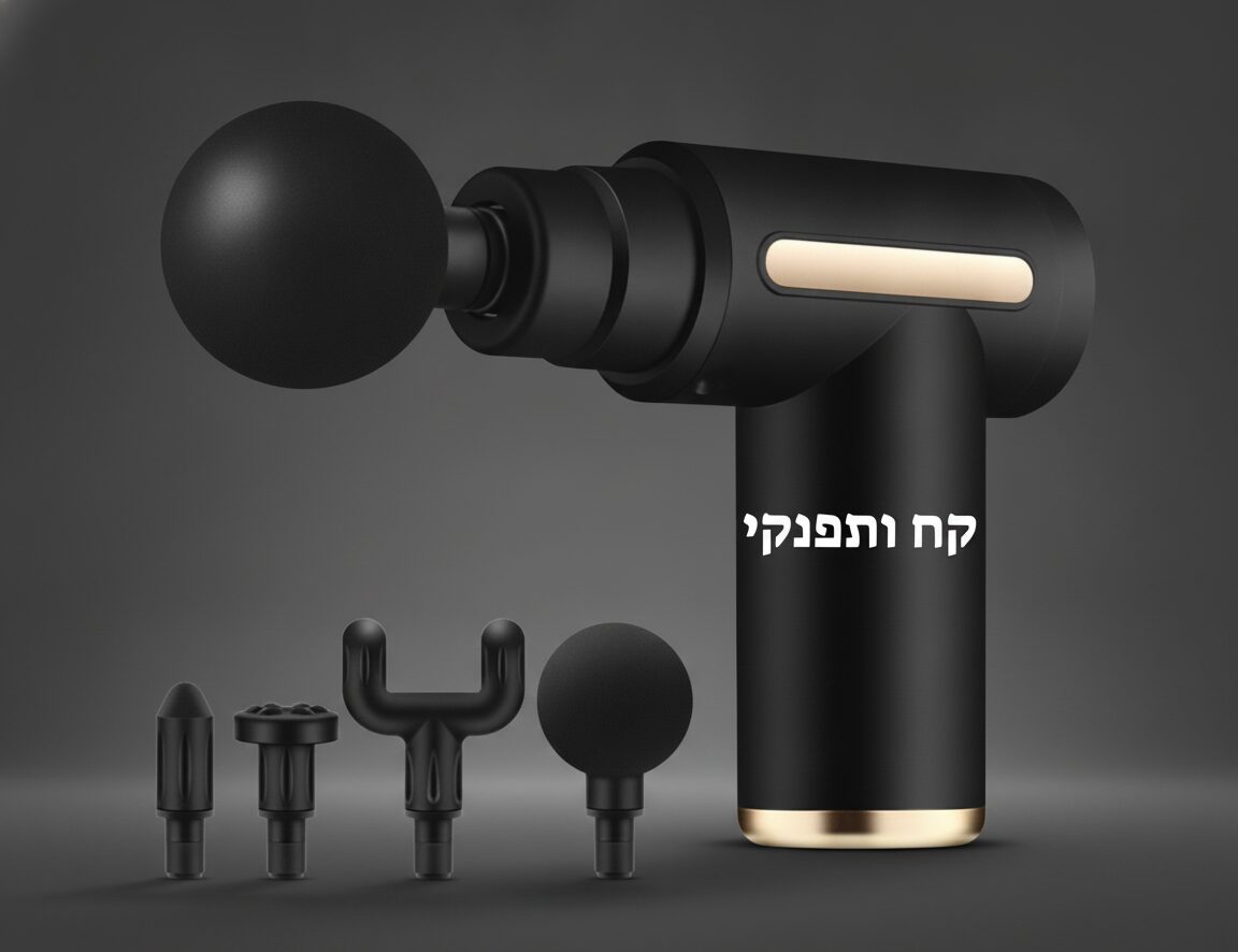 אקדח עיסוי שחור עם ראשי עיסוי שונים על רקע אפור