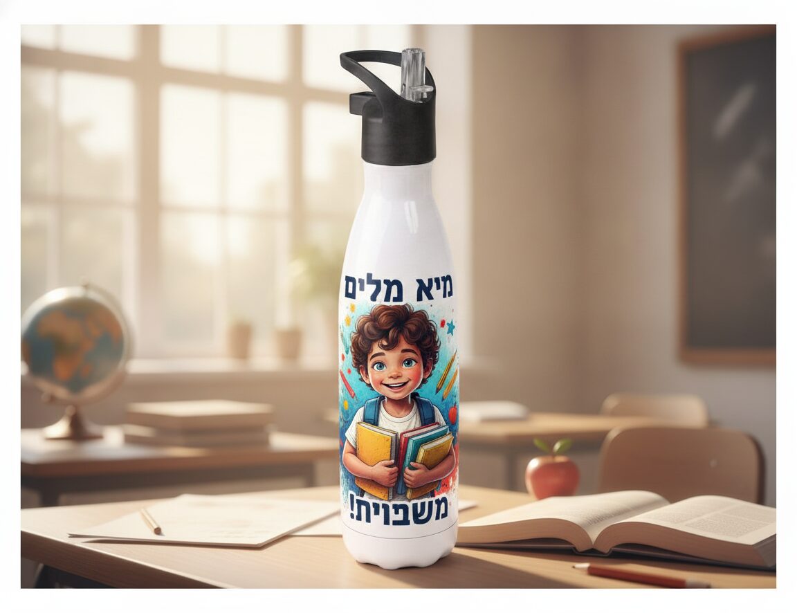 בקבוק ספורט אלומיניום 750 עם איור ילד וספרים בכיתה