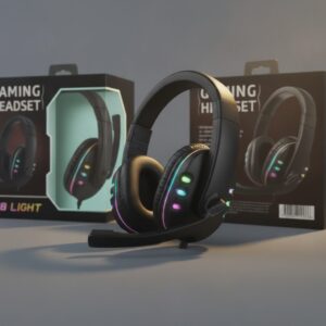 אוזניות גיימינג שחורות עם תאורת RGB צבעונית וקופסת מוצר ברקע