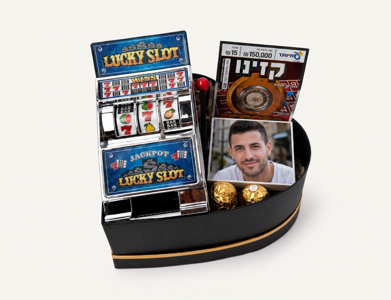 מארז ג׳קפוט - קופסת לב שחורה עם מכונת מזל לחיסכון, כרטיס חישגד קזינו, תמונה אישית ופררו רושה